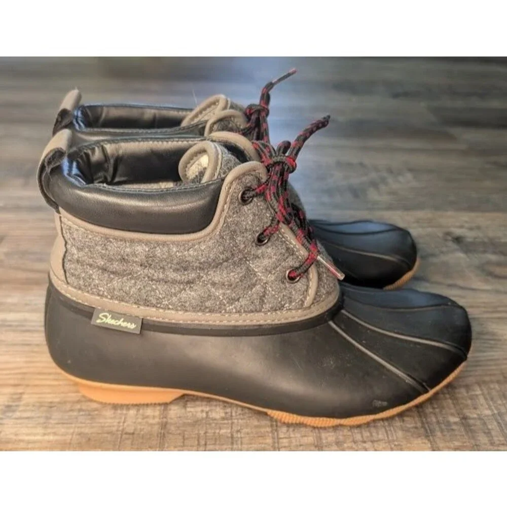SKECHERS 44376 Waterproof Black GRAY Winter Snow Duck Boots Sz 9